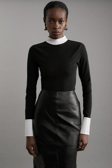 Contrast Collar Jersey Power Mesh Bodysuit black