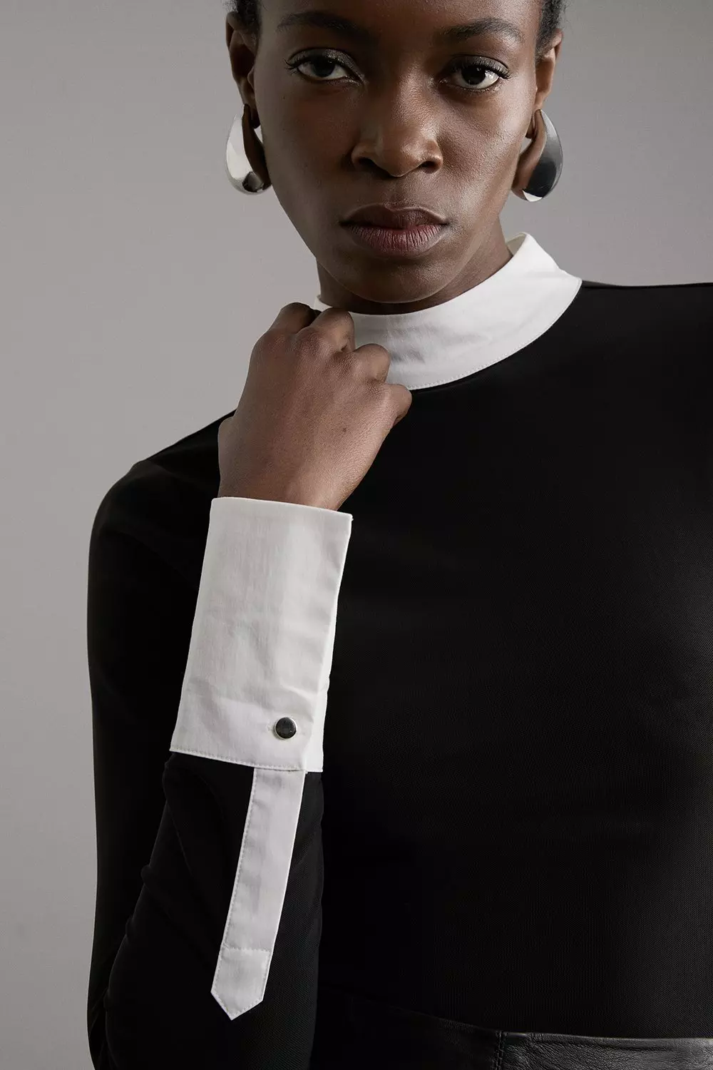 Black Contrast Collar Jersey Power Mesh Bodysuit alternative image