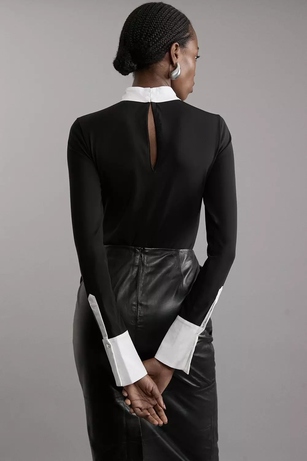 Black Contrast Collar Jersey Power Mesh Bodysuit alternative image