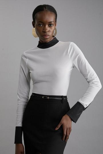 Contrast Collar Jersey Power Mesh Bodysuit ivory