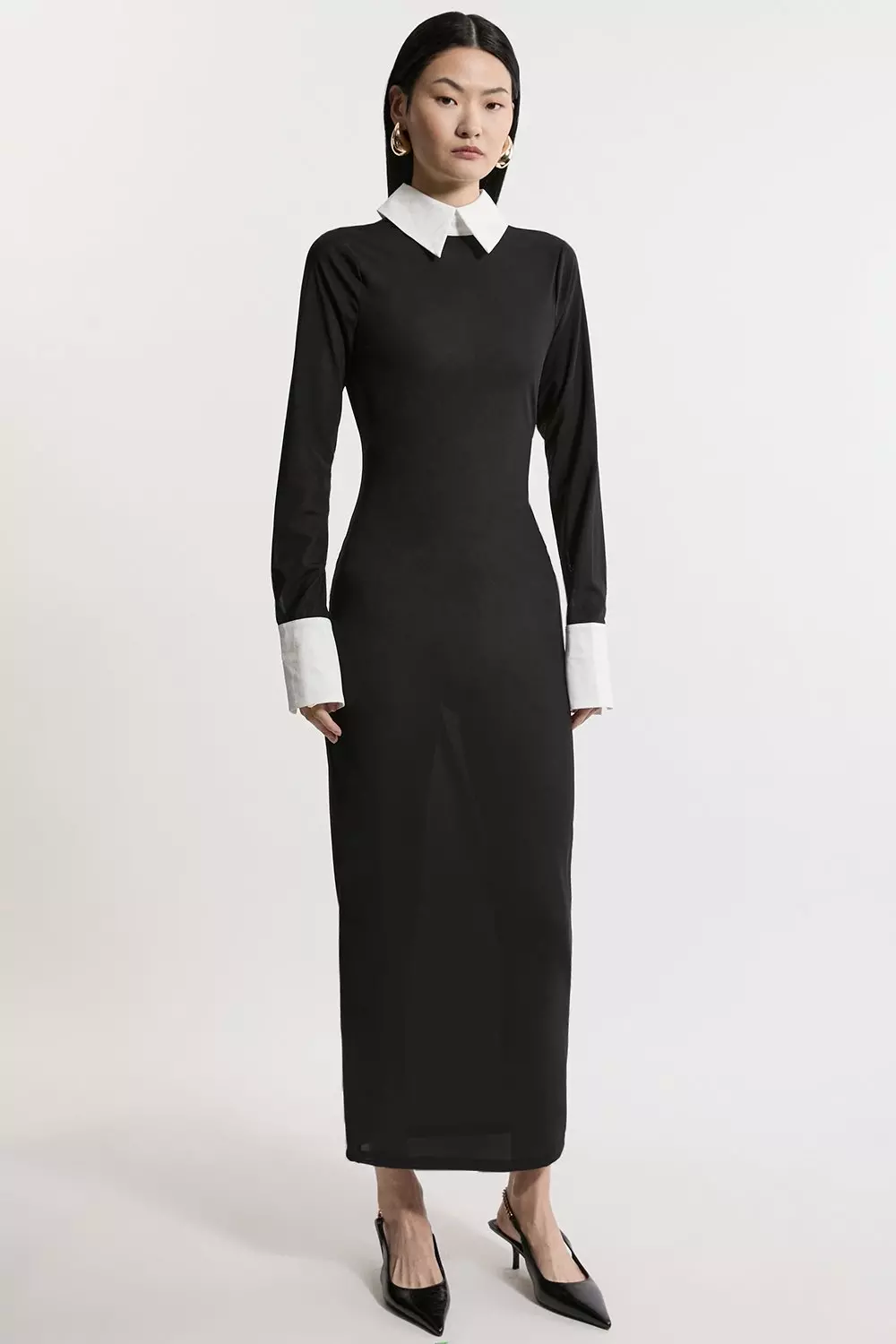 Black Contrast Collar Jersey Power Mesh Midi Dress alternative image