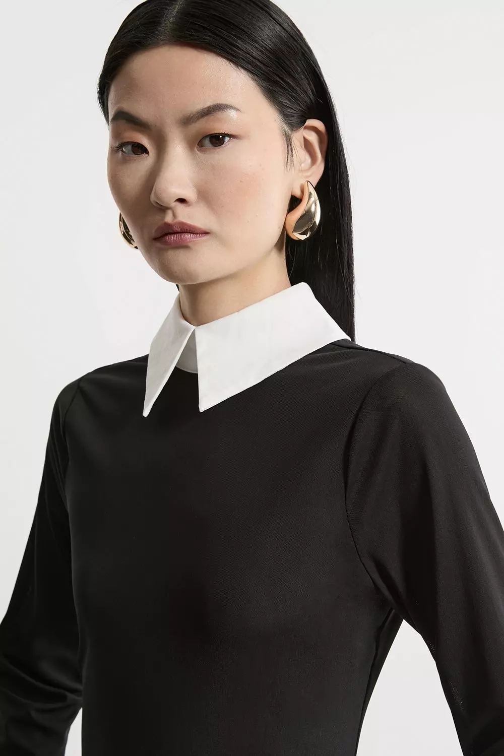 Black Contrast Collar Jersey Power Mesh Midi Dress alternative image