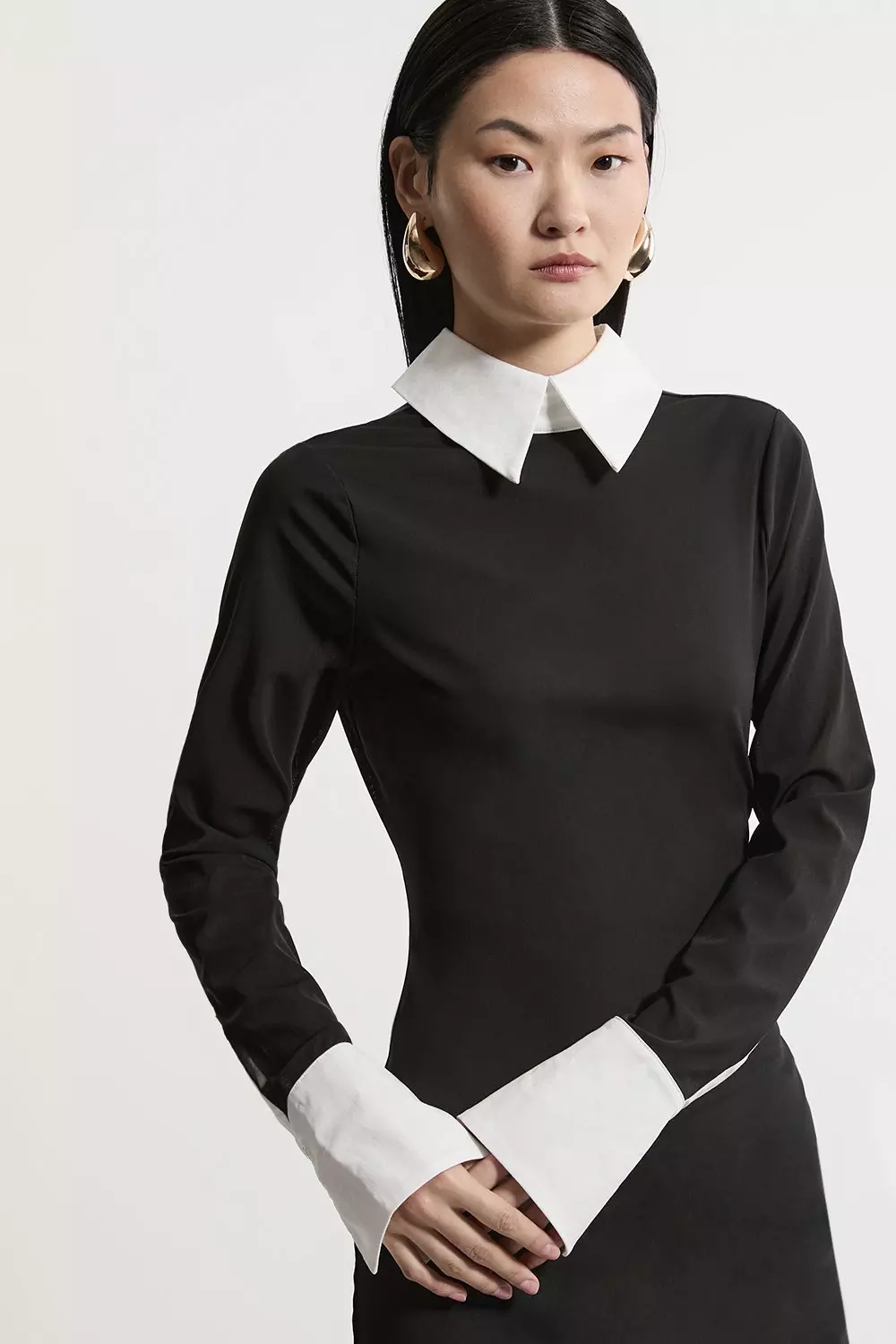 Black Contrast Collar Jersey Power Mesh Midi Dress alternative image