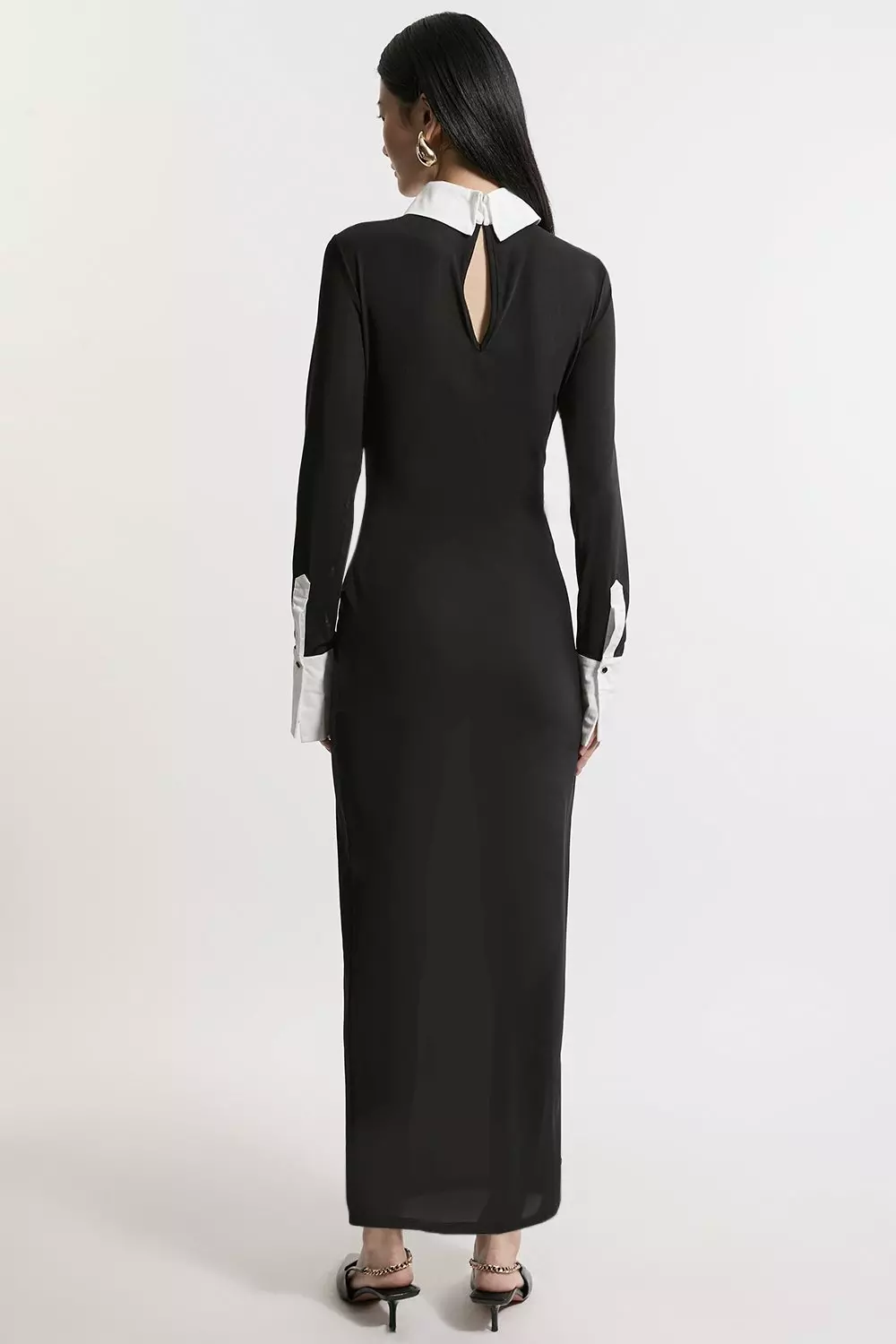 Black Contrast Collar Jersey Power Mesh Midi Dress alternative image
