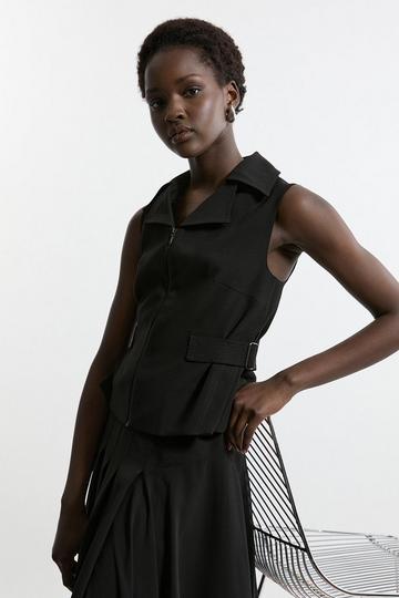 Black Tailored Crepe Buckle Detail Sleeveless Jacket