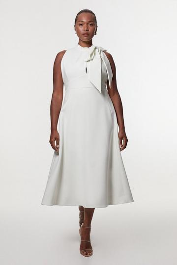 Plus Size Compact Stretch Tie Neck Full Skirted Midi Dress ivory