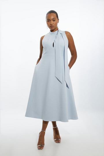 Plus Size Compact Stretch Tie Neck Full Skirted Midi Dress pale blue
