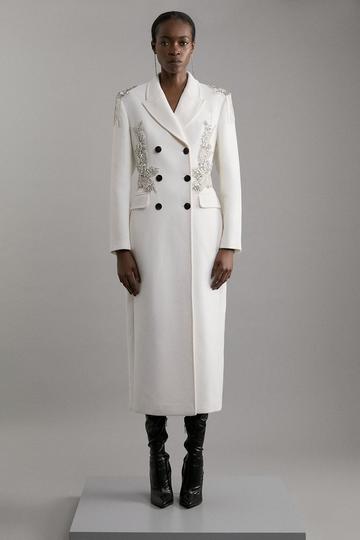 Petite Wool Blend Crystal Embellished Double Breasted Tailored Maxi Coat ivory