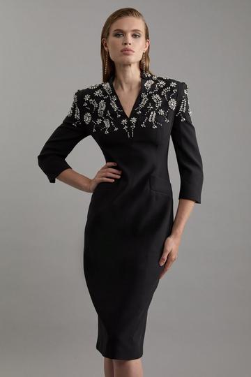 Black Petite Crystal Embellished Compact Stretch Belted Tailored Forever Dress