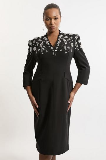 Black Plus Size Crystal Embellished Compact Stretch Belted Tailored Forever Dress