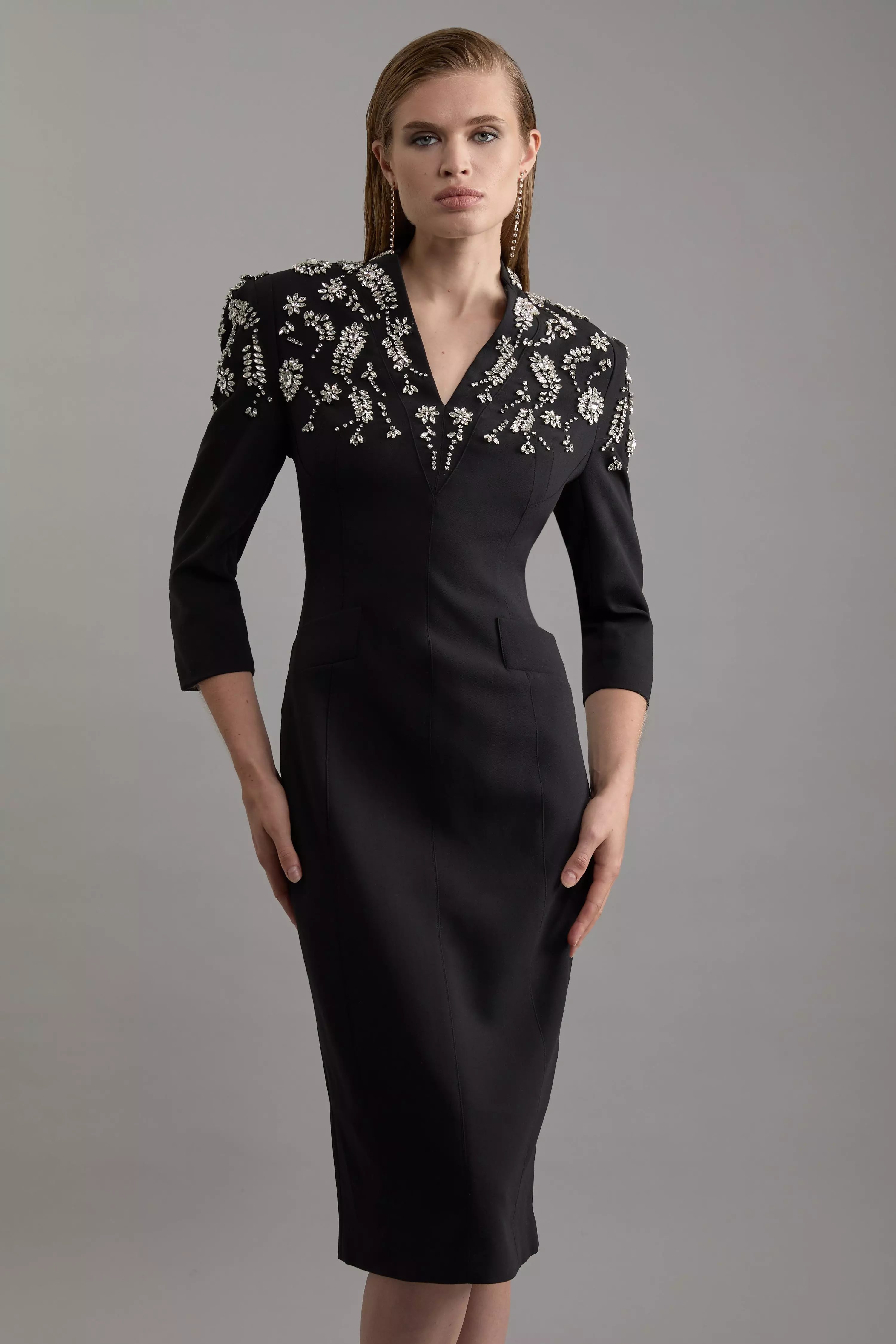 Karen Millen コルセット ディテール スタイリッシュ ドレス Crystal Embellished Corset Detail Off The Shoulder Woven