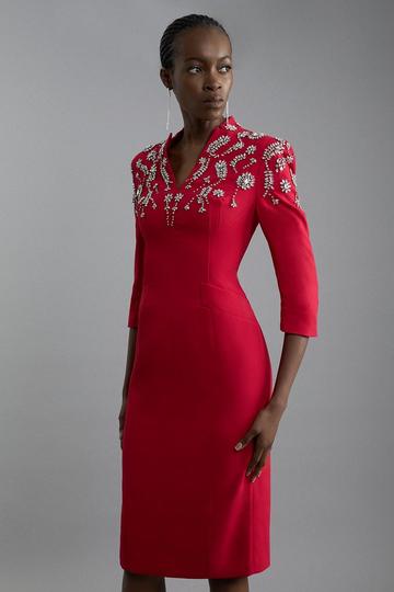 Crystal Embellished Compact Stretch Tailored Forever Dress red