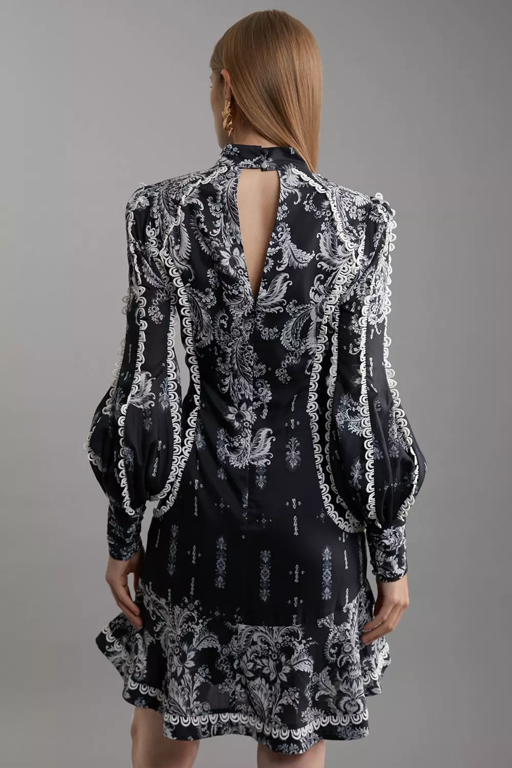 Mono Floral Woven High Neck Mini Dress | Karen Millen