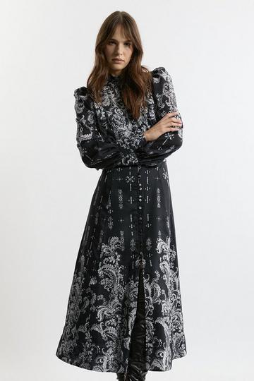 Petite Mono Floral Woven Button Up Maxi Dress black