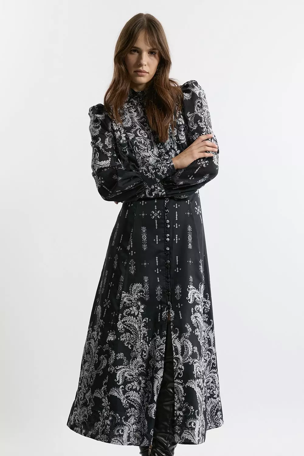 Petite Mono Floral Woven Button Up Maxi Dress | Karen Millen