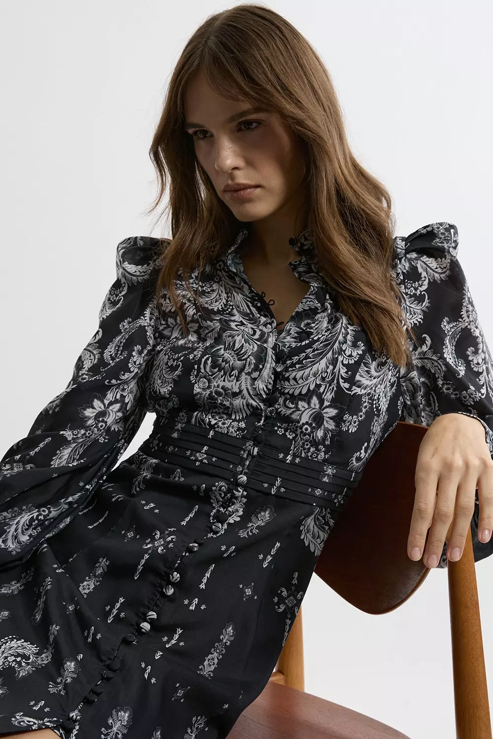 Petite Mono Floral Woven Button Up Maxi Dress | Karen Millen