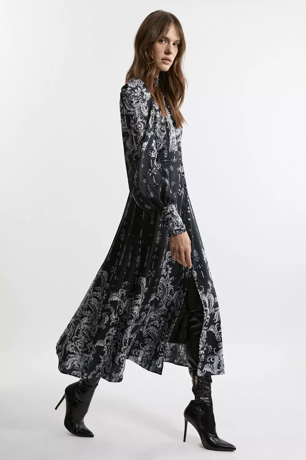 Petite Mono Floral Woven Button Up Maxi Dress | Karen Millen