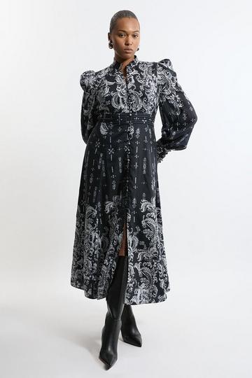 Black Plus Size Mono Floral Woven Button Up Maxi Dress