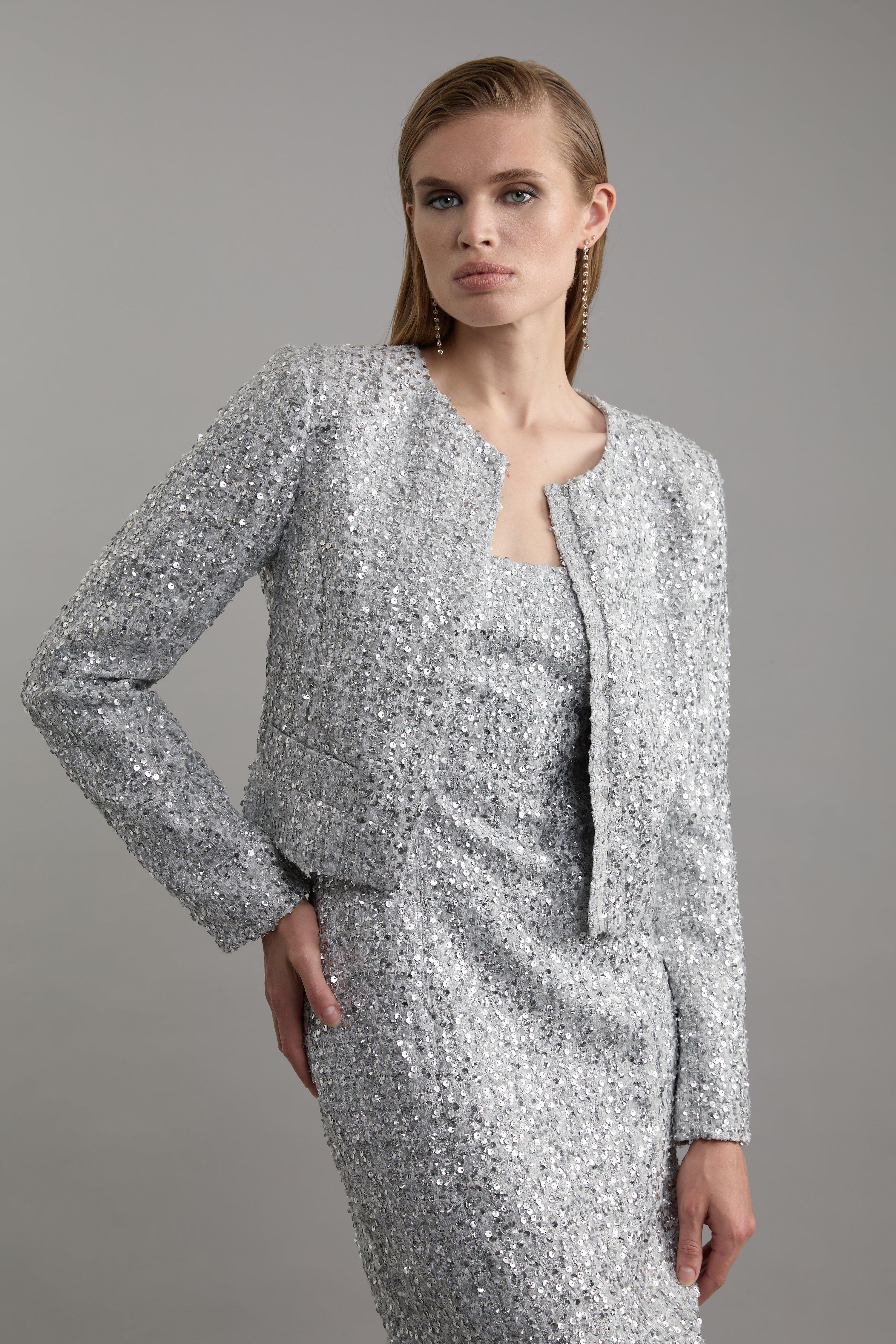 Silver Sequin Boucle Tailored Jacket