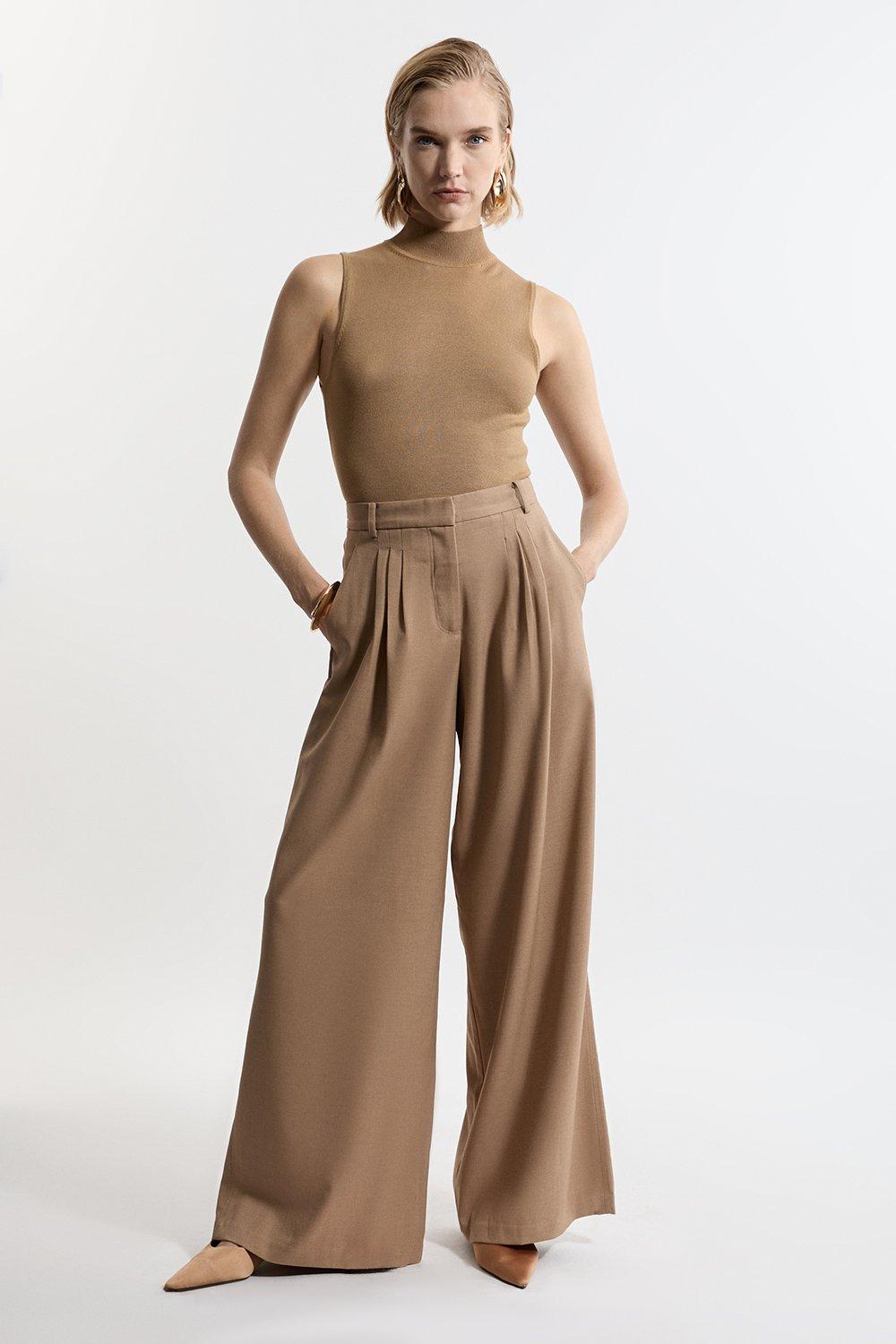 Camel Tailored Wide Leg Darted Pants