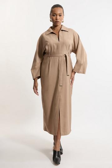 Plus Size Tailored Wide Sleeve Maxi Shirt Dress camel