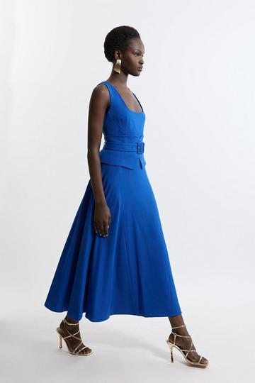 Structured Crepe Tailored Full Skirted Panel Belted Midi Dress cobalt