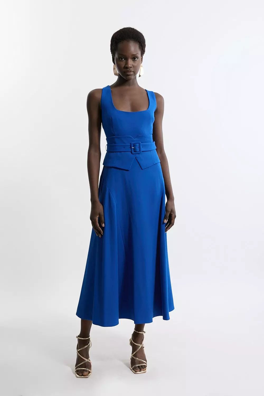 Structured Crepe Tailored Full Skirted Panel Belted Midi