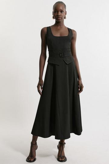 Black Tailored Full Skirted Panel Belted Midi Dress