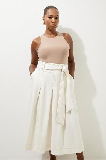 Plus Size Tailored Full Skirted Belted Midaxi Skirt ivory