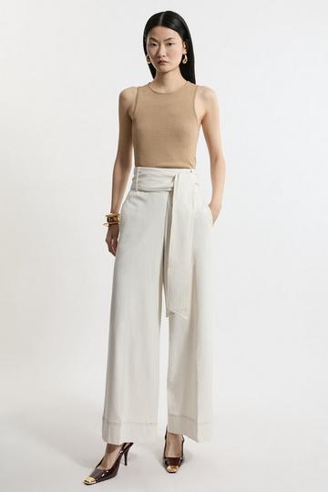 Tailored Wide Leg Belted Trousers ivory