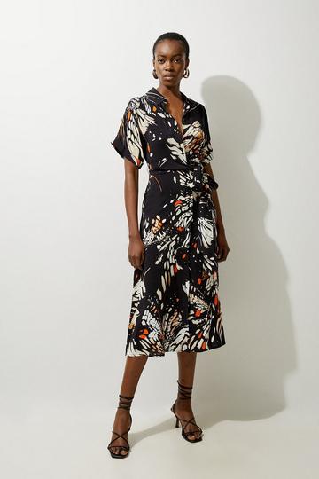 Black Butterfly Print Viscose Crepe Twist Front Midi Shirt Dress