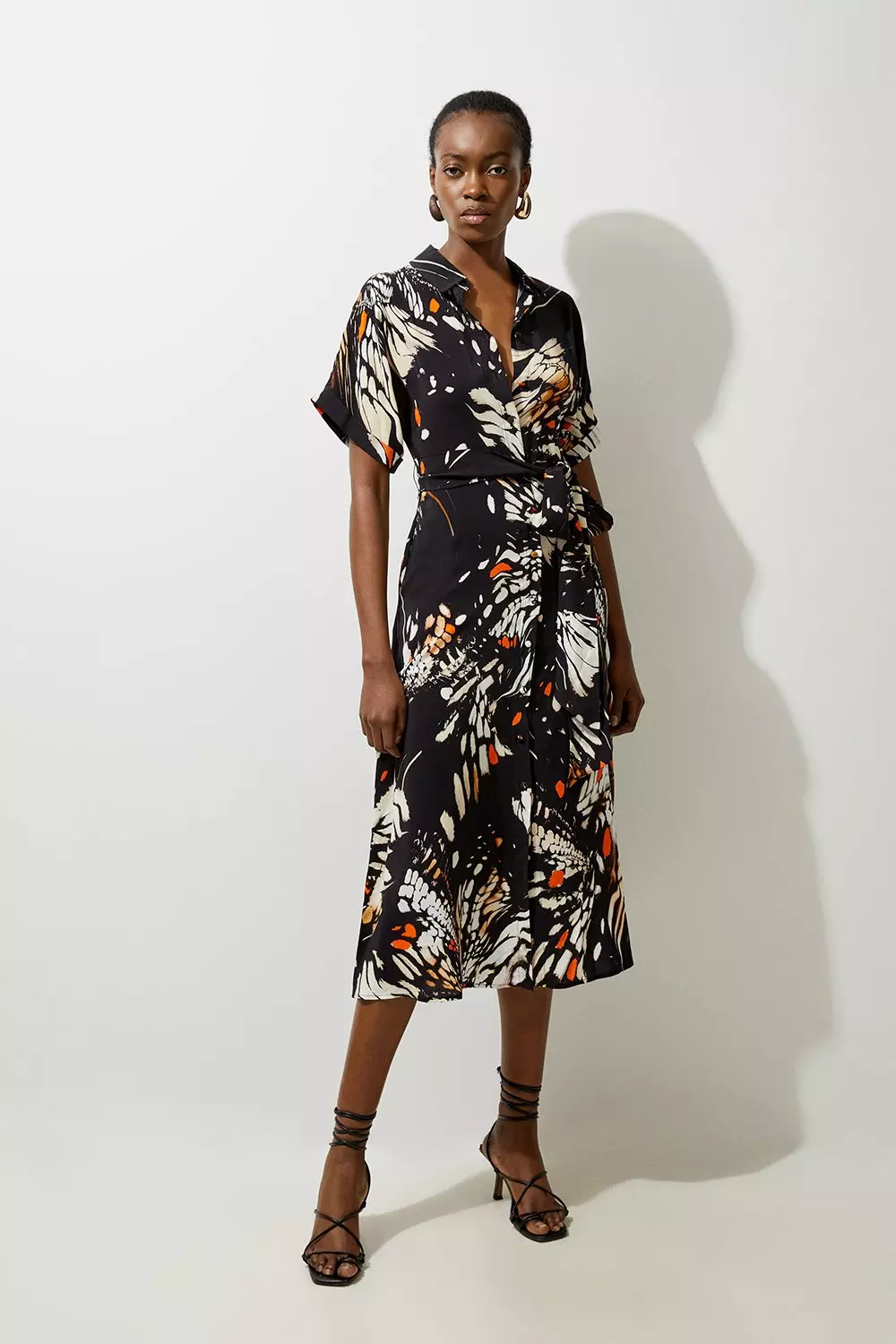 Black Butterfly Print Viscose Crepe Twist Front Midi Shirt Dress alternative image
