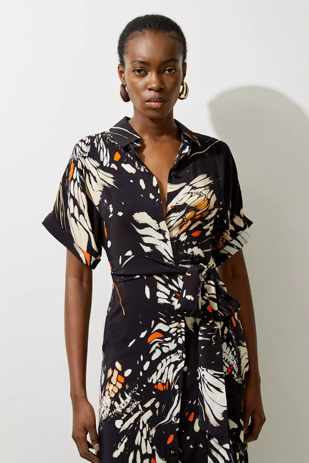 Butterfly Print Viscose Crepe Twist Front Midi Shirt Dress | Karen Millen