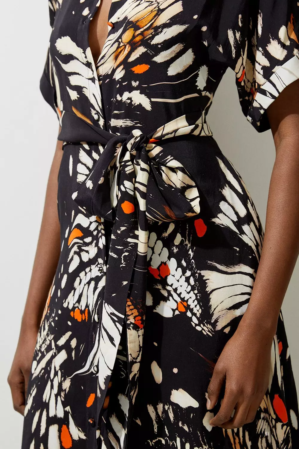 Butterfly Print Viscose Crepe Twist Front Midi Shirt Dress | Karen Millen