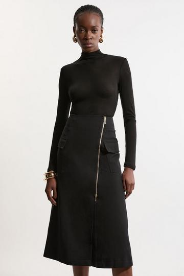 Black Tailored Asymmetric Wrap Zip Midi Skirt