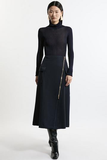 Tailored Asymmetric Wrap Zip Midi Skirt navy