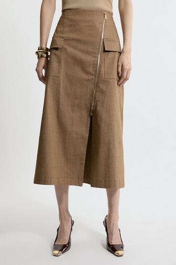 Tailored Denim Asymmetric Wrap Zip Midi Skirt cream