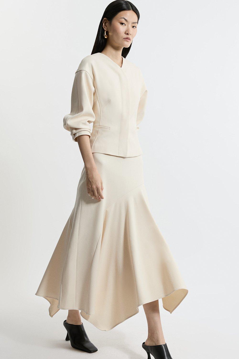 Neutral Structured Crepe Tailored Asymmetric Drape Midi Skirt