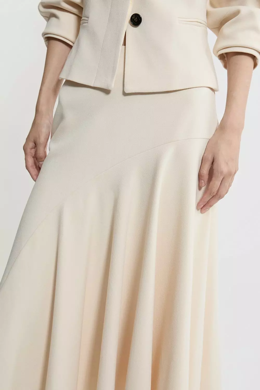 Structured Crepe Tailored Asymmetric Drape Midi Skirt