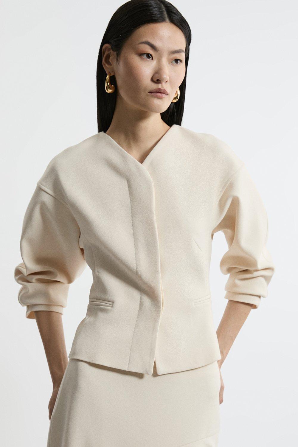 Stone Structured Crepe Tailored Collarless Jacket 