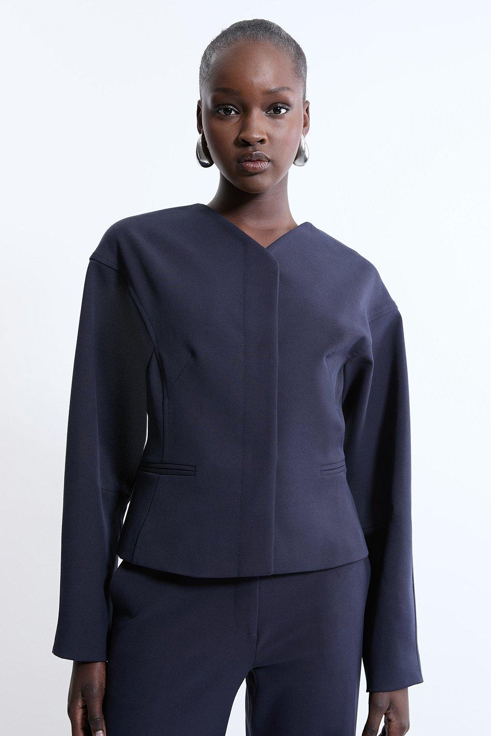 Navy Tailored Collarless Seam Detail Jacket