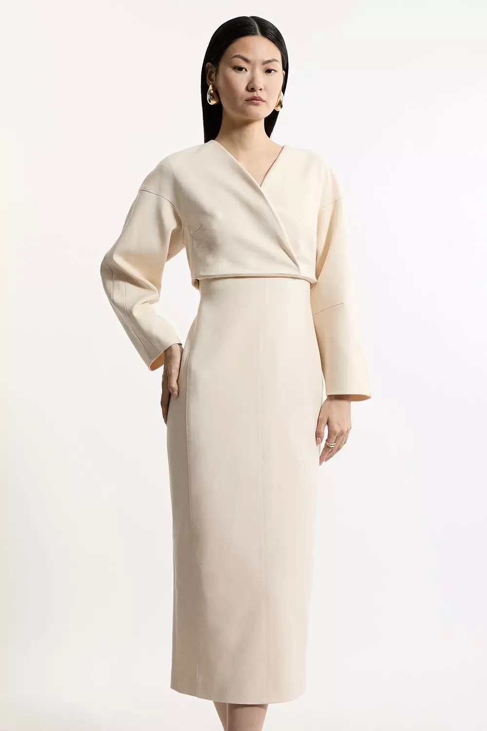 【KAREN MILLEN】ストレッチ ジャカード シングルブレスト Structured Crepe Tailored Sleeveless Seam Detail Midi Dress