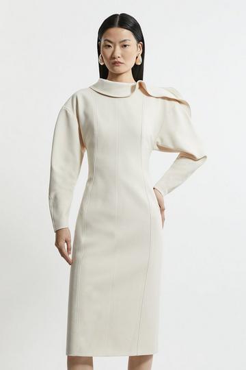 Structured Crepe Tailored Asymmetric Zip Neck Midi Dress stone