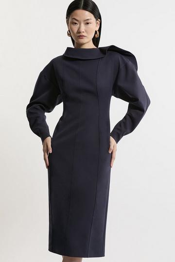 Tailored Asymmetric Zip Neck Midi Dress navy