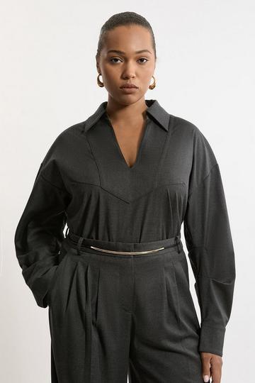 Plus Size Tailored Collared Long Sleeve Shirt dark grey