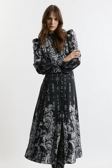 Mono Floral Woven Button Up Maxi Dress black