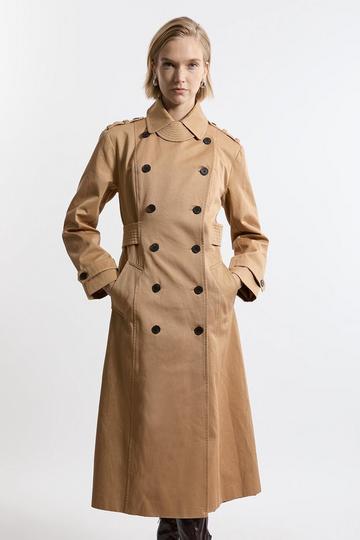 Cotton Double Breasted Military Tailored Midi Trench Coat camel