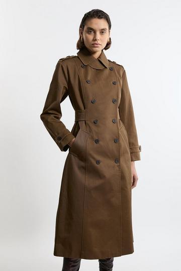 Cotton Double Breasted Military Tailored Midi Trench Coat olive