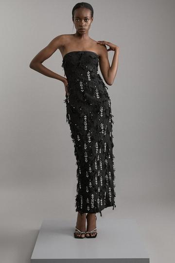 Black Crystal Embellished Textured Jacquard Bandeau Tailored Midaxi Dress