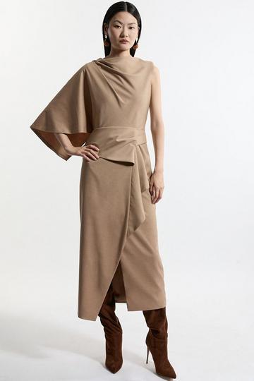 Petite Tailored Draped Asymmetric Maxi Dress camel